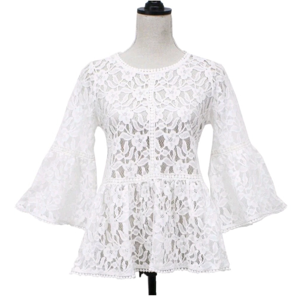 NWT White Floral Lace Peplum Top Bell Sleeve Small boho Victorian romantic
